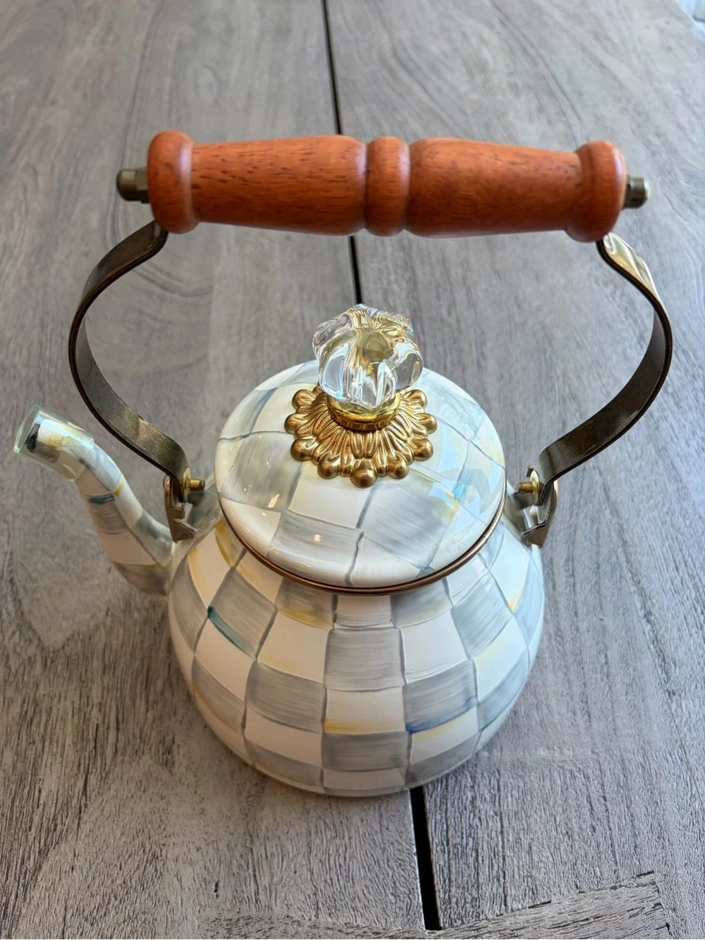 MacKenzie-Childs Sterling Check Enamel Tea Kettle 3 Quart - NEW without box